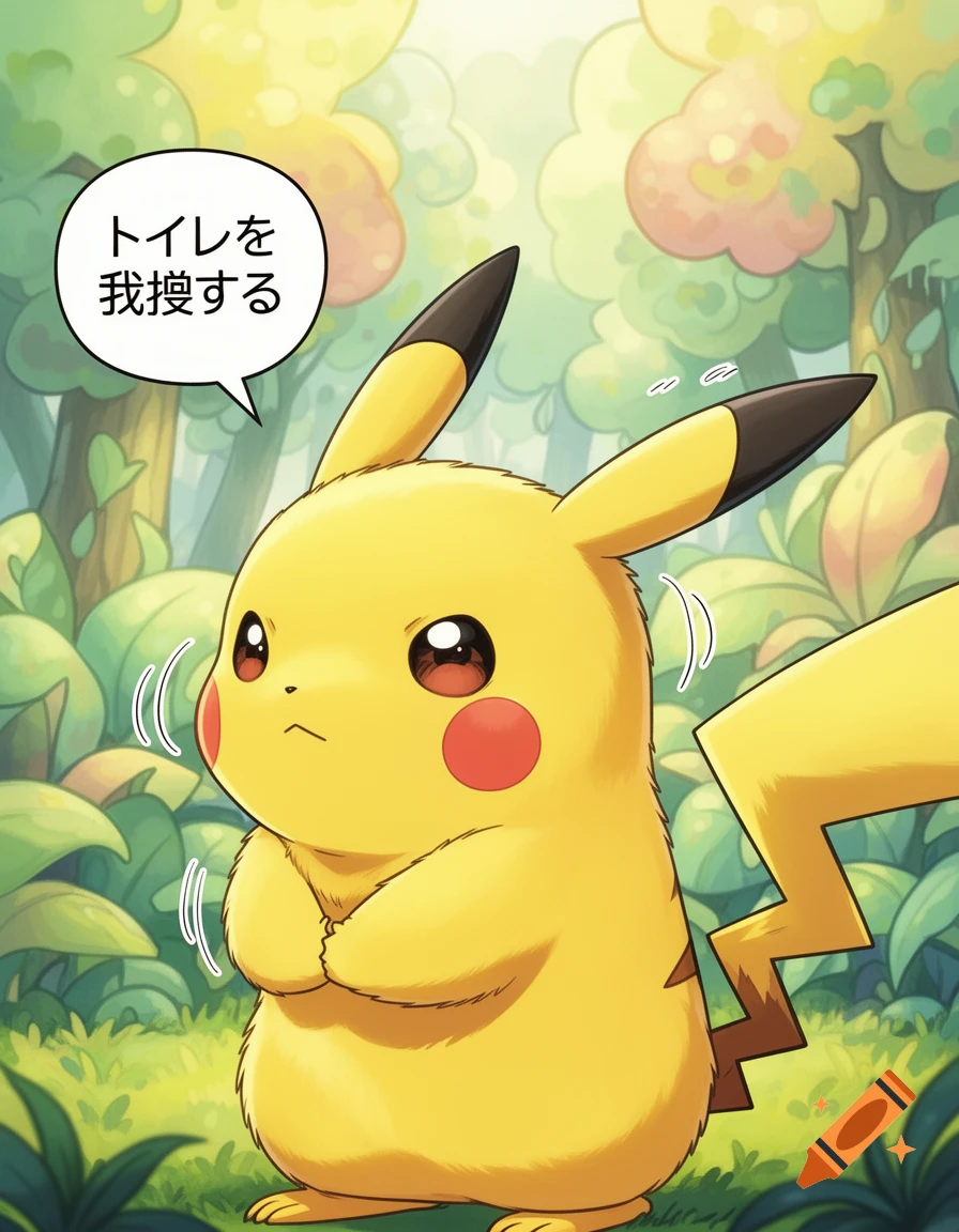 A cartoon Pikachu, arms crossed and looking distressed, stands in a forest with a speech bubble containing Japanese text.