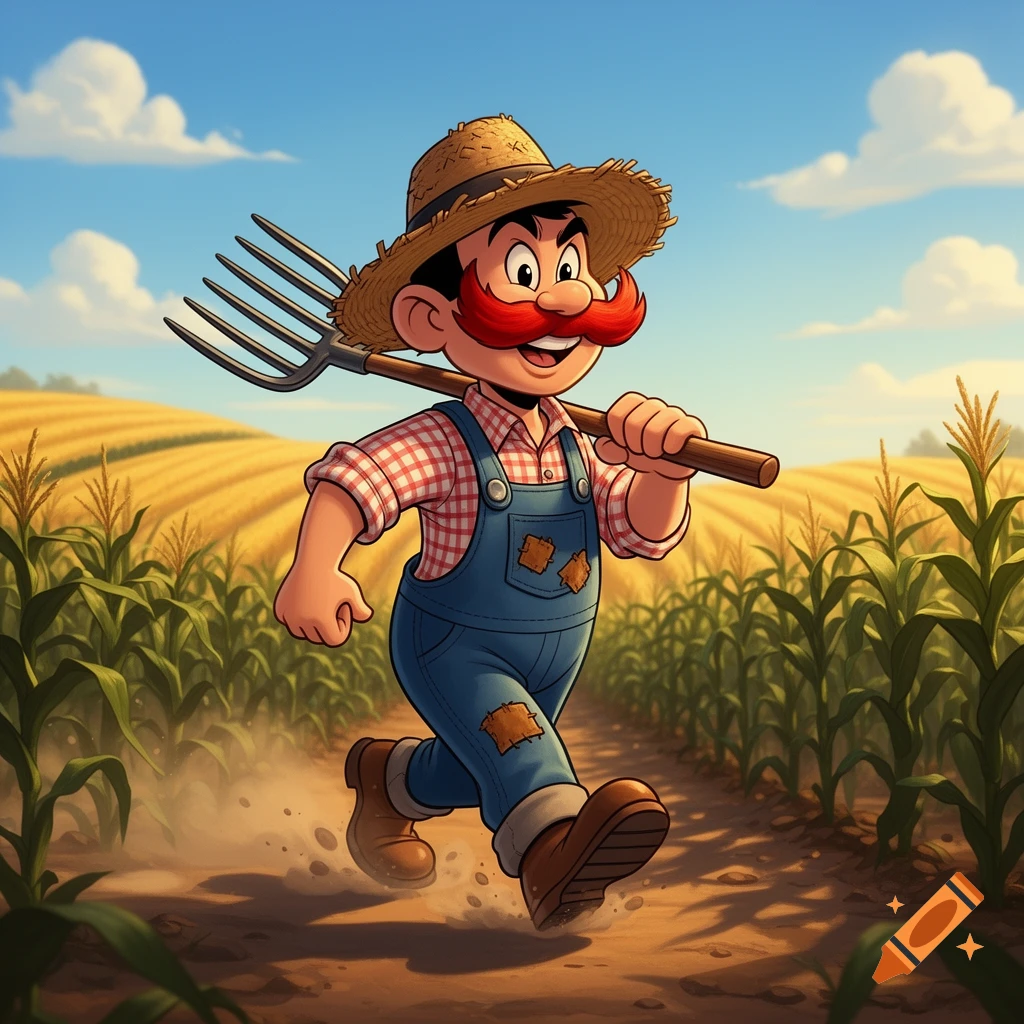 A cartoon farmer with a red mustache, wearing overalls and a straw hat, strides along a dirt path through a sunny cornfield while holding a pitchfork.