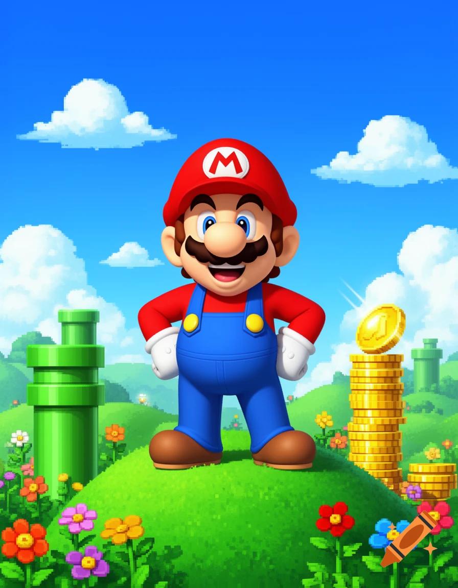 Super Mario stands on a green hill with pixelated flowers and clouds, next to gold coins and green pipes, in a pixel art style.