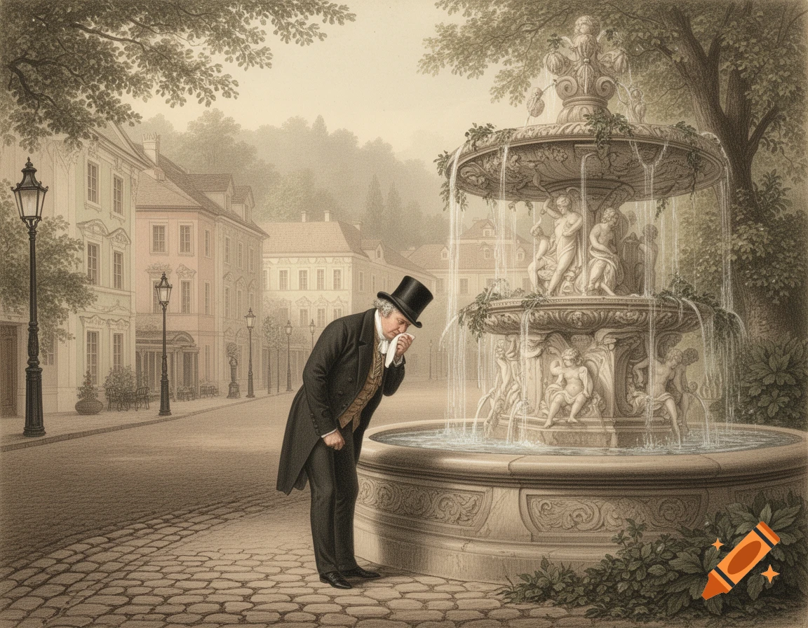 A man in a top hat and tailcoat leans over a decorative fountain in a cobblestone town square, in the style of an 1800s drawing.