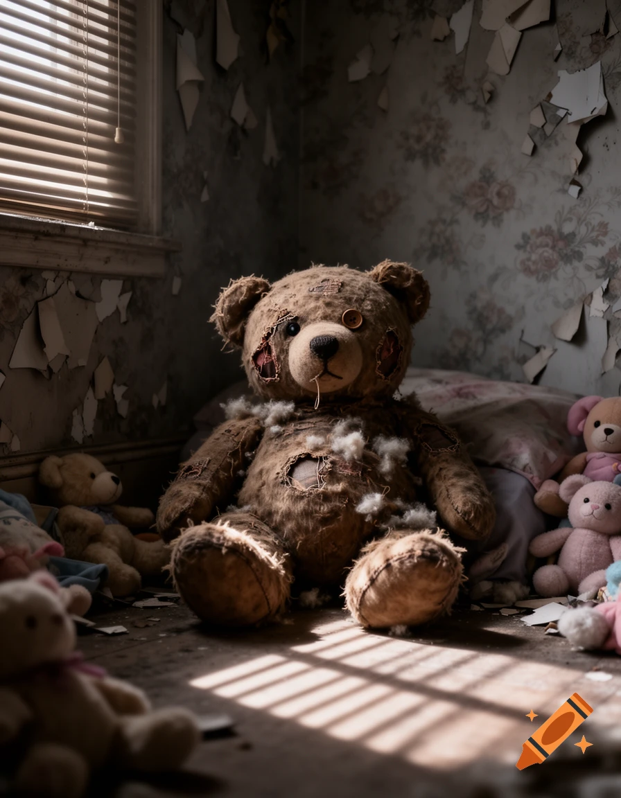 A large, tattered teddy bear sits on a dusty floor in a dilapidated room with peeling wallpaper, sunbeams across the floor.