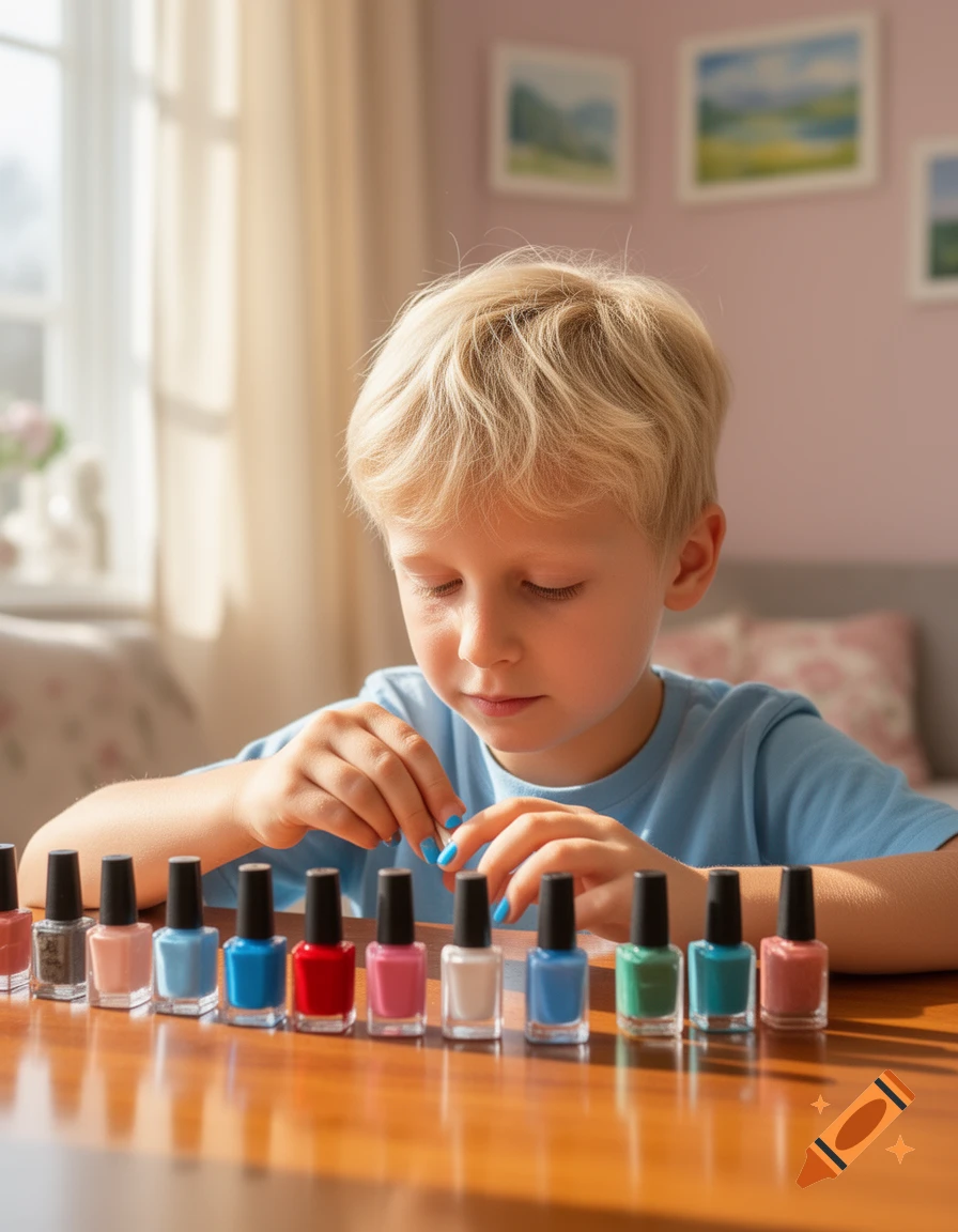 A blond boy with blue painted nails sits at a wooden table with many bottles of colorful nail polish.