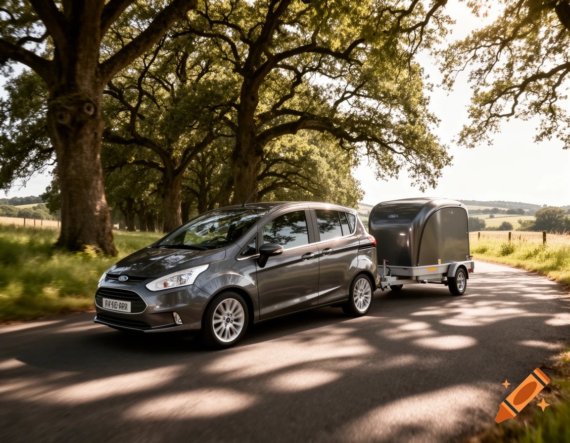 A dark grey Ford B-Max car pulling a small grey trailer on a winding road lined with large trees under a bright sky.
