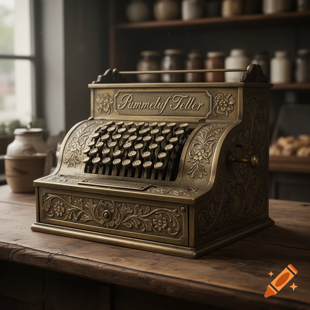 An ornate, antique brass cash register with 'Pummeluf Teller' inscribed, sits on a rustic wooden counter.
