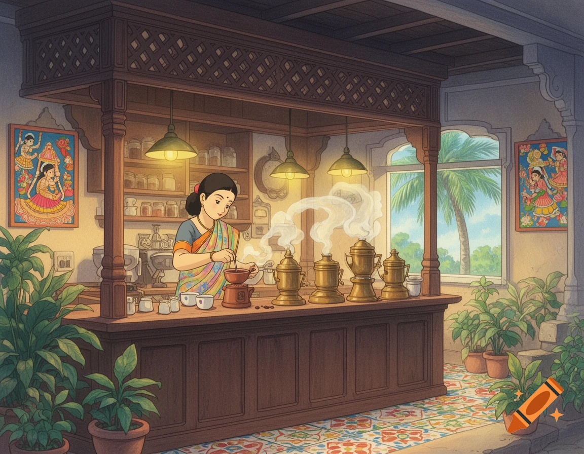 Ghibli style cartoon of a woman in a saree making coffee at a South Indian cafe counter, with plants and art.