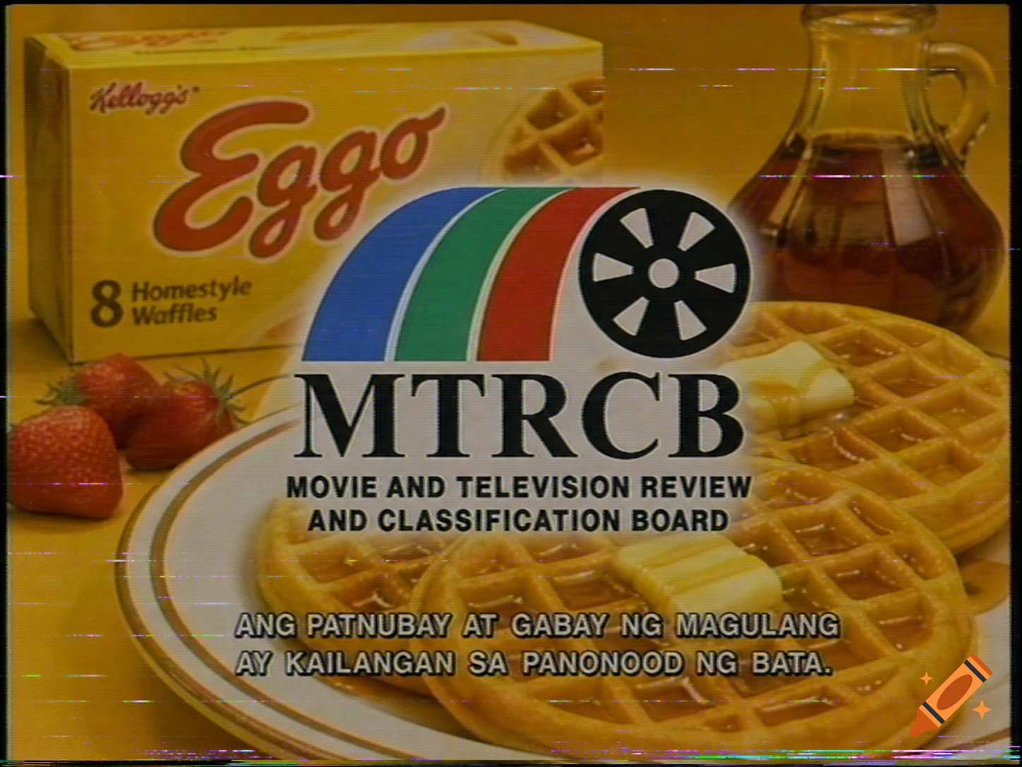 Retro VHS commercial style image of Eggo waffles, syrup, and strawberries, with MTRCB logo and text overlay.