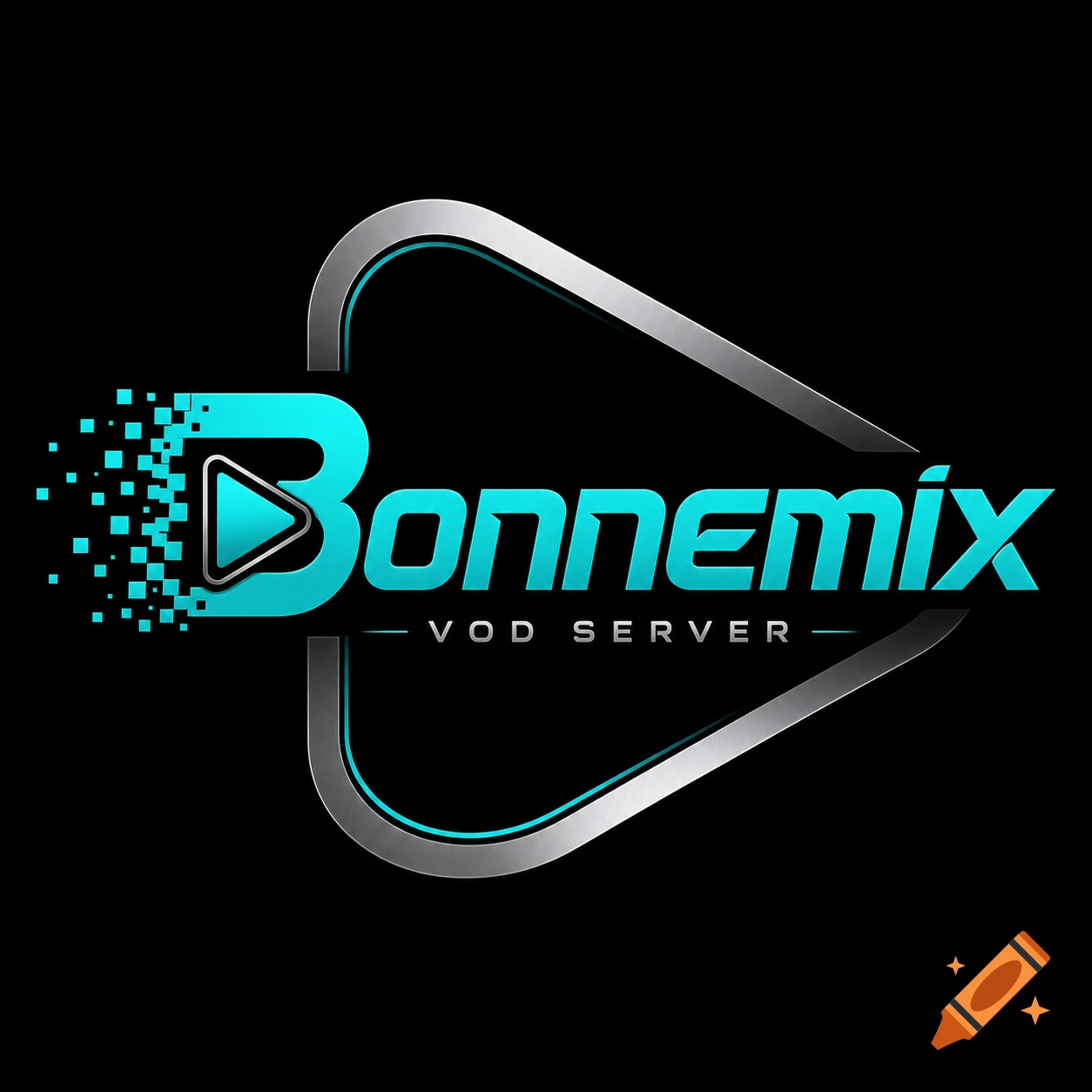 A modern logo featuring the word "Bonnemix" in blue-green letters with a play button icon within the 'B', above "VOD SERVER", framed by metallic silver curved shapes on a black background.