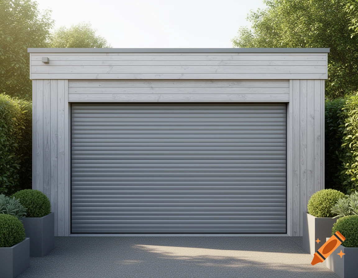 A modern garage with light grey wood siding, a dark grey rolling door, and green plants in pots and hedges.