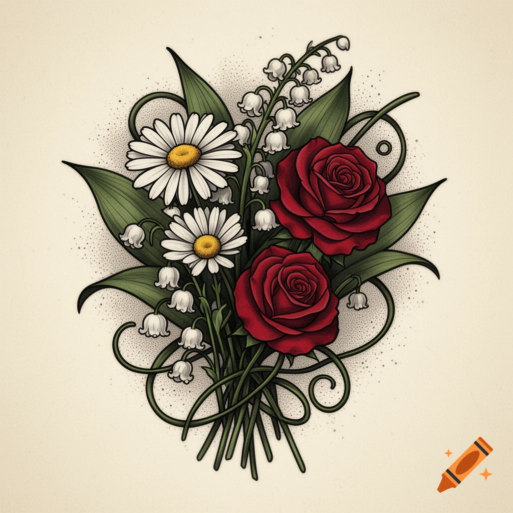 A tattoo-style illustration of a bouquet featuring white daisies, lily of the valley, and red roses with green leaves.
