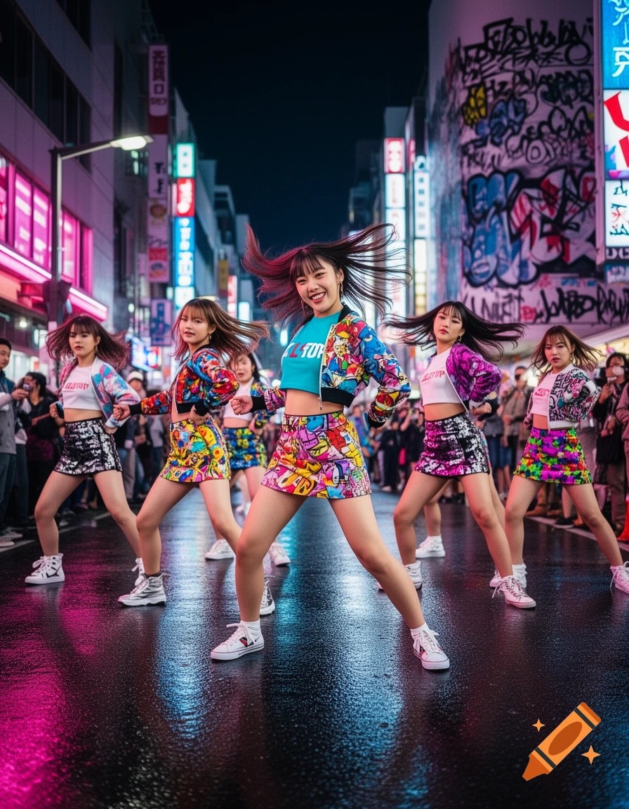 Five young Japanese women hip-hop dancing on a wet city street at night, illuminated by neon signs.