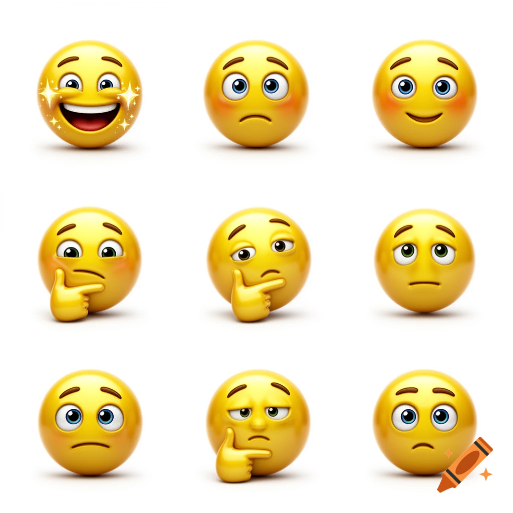 A grid of nine 3D yellow emojis displaying various emotions: happy, sad, thinking, and disappointed.