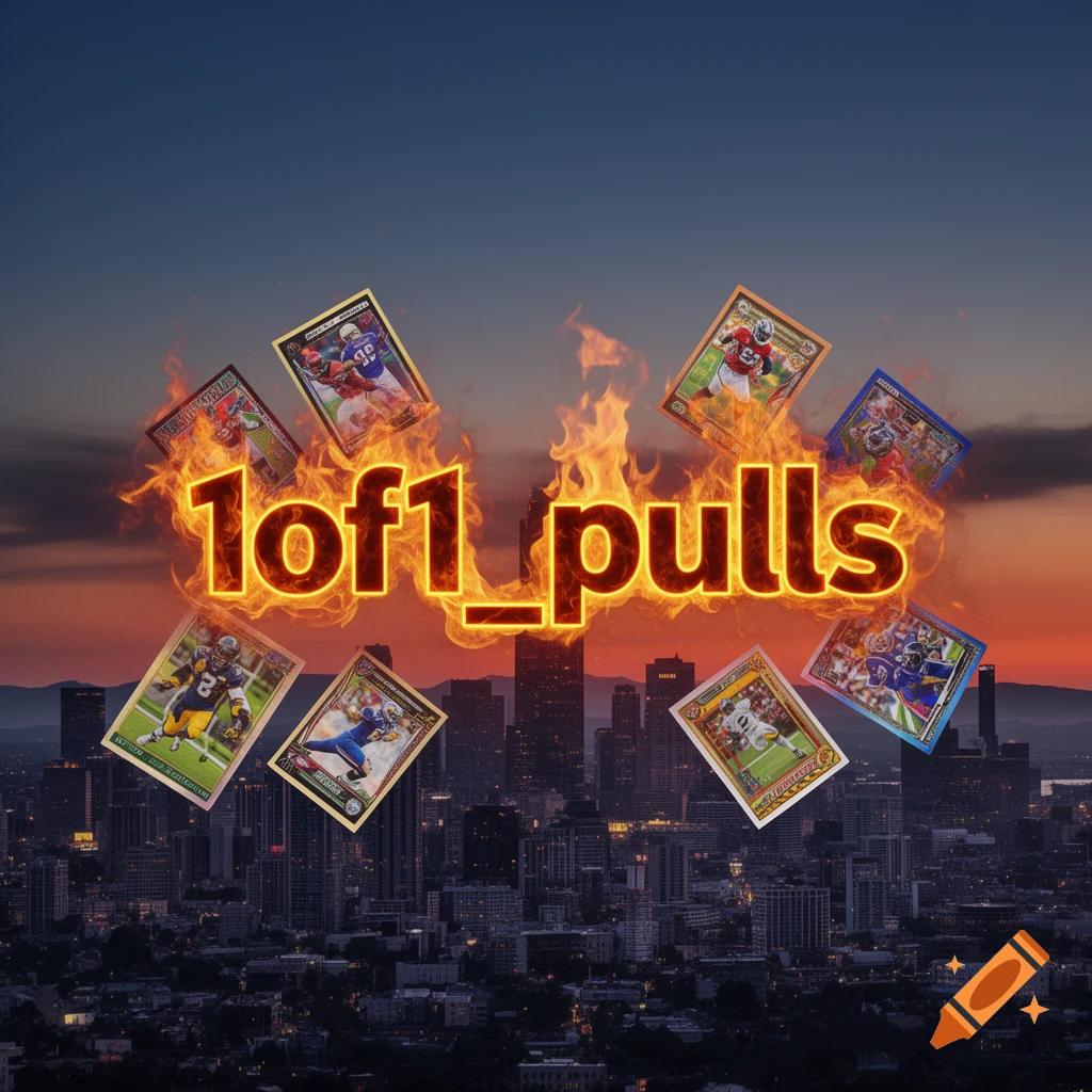Text "1of1_pulls" engulfed in fire, surrounded by sports trading cards, over a city skyline at sunset.