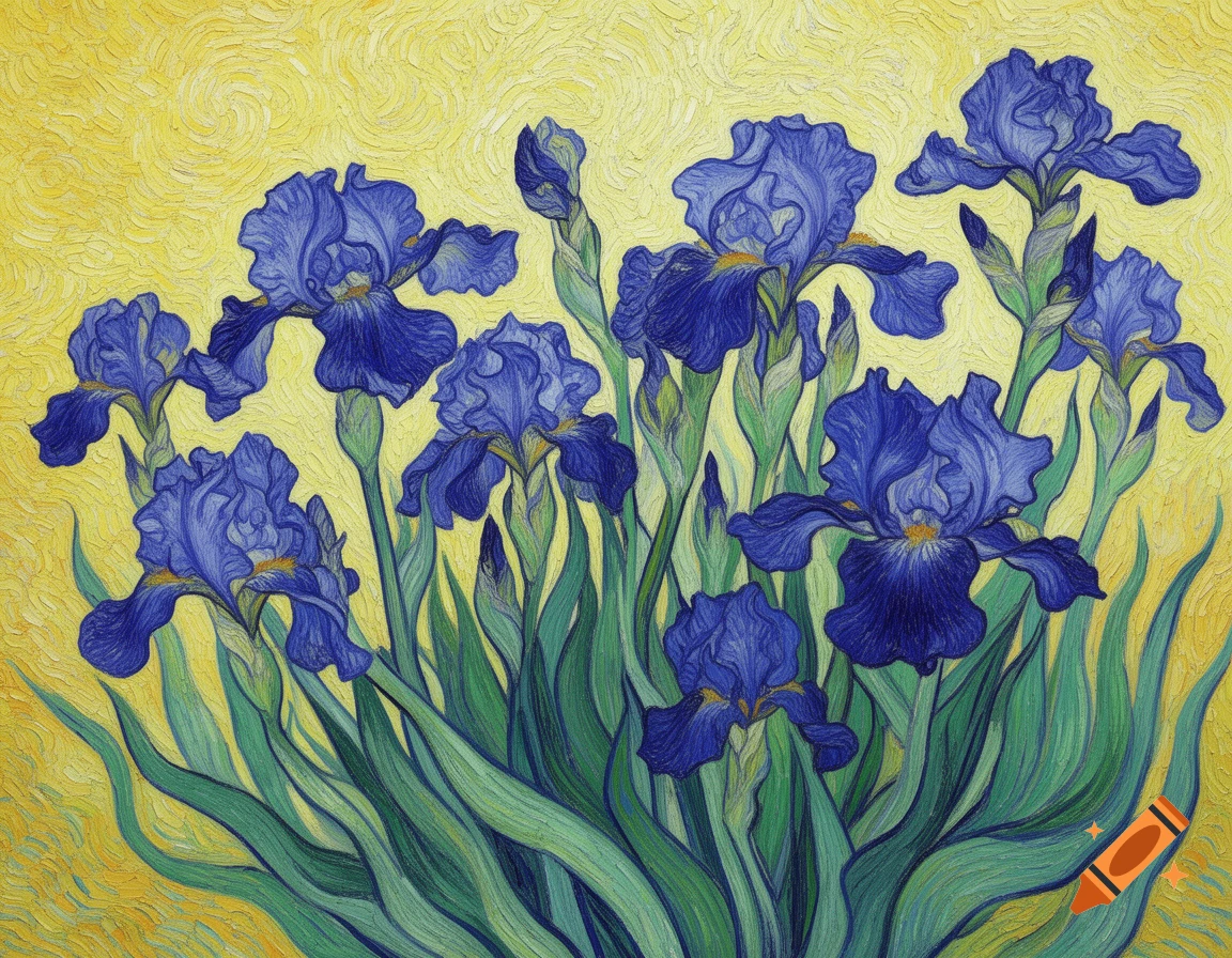 A painting of vibrant blue iris flowers with green leaves against a swirling yellow background, in the style of Van Gogh.