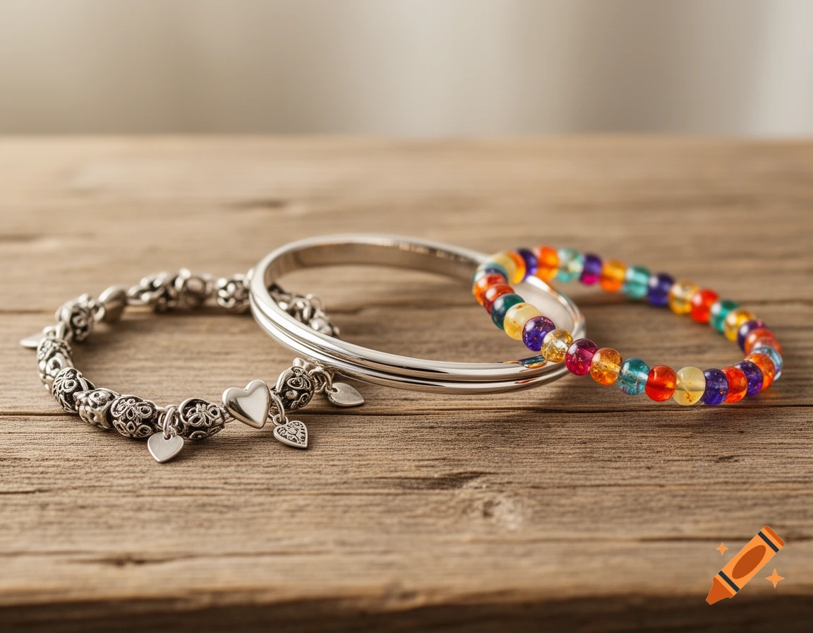 Three bracelets, including a silver charm bracelet, a plain silver bangle, and a colorful beaded bracelet, rest on a rustic wooden surface.