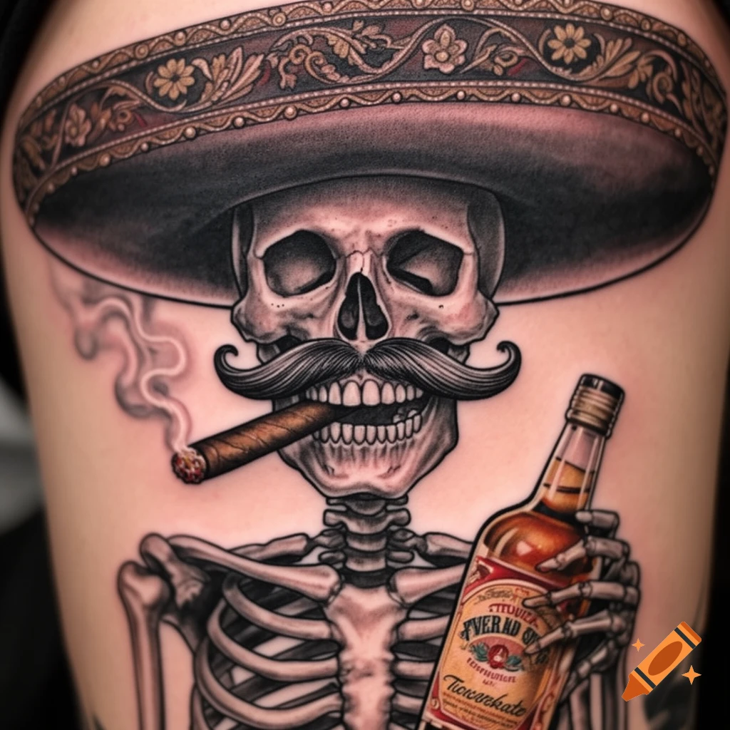 Tattoo illustration of a skeleton in a sombrero with a mustache, smoking a cigar and holding a tequila bottle.