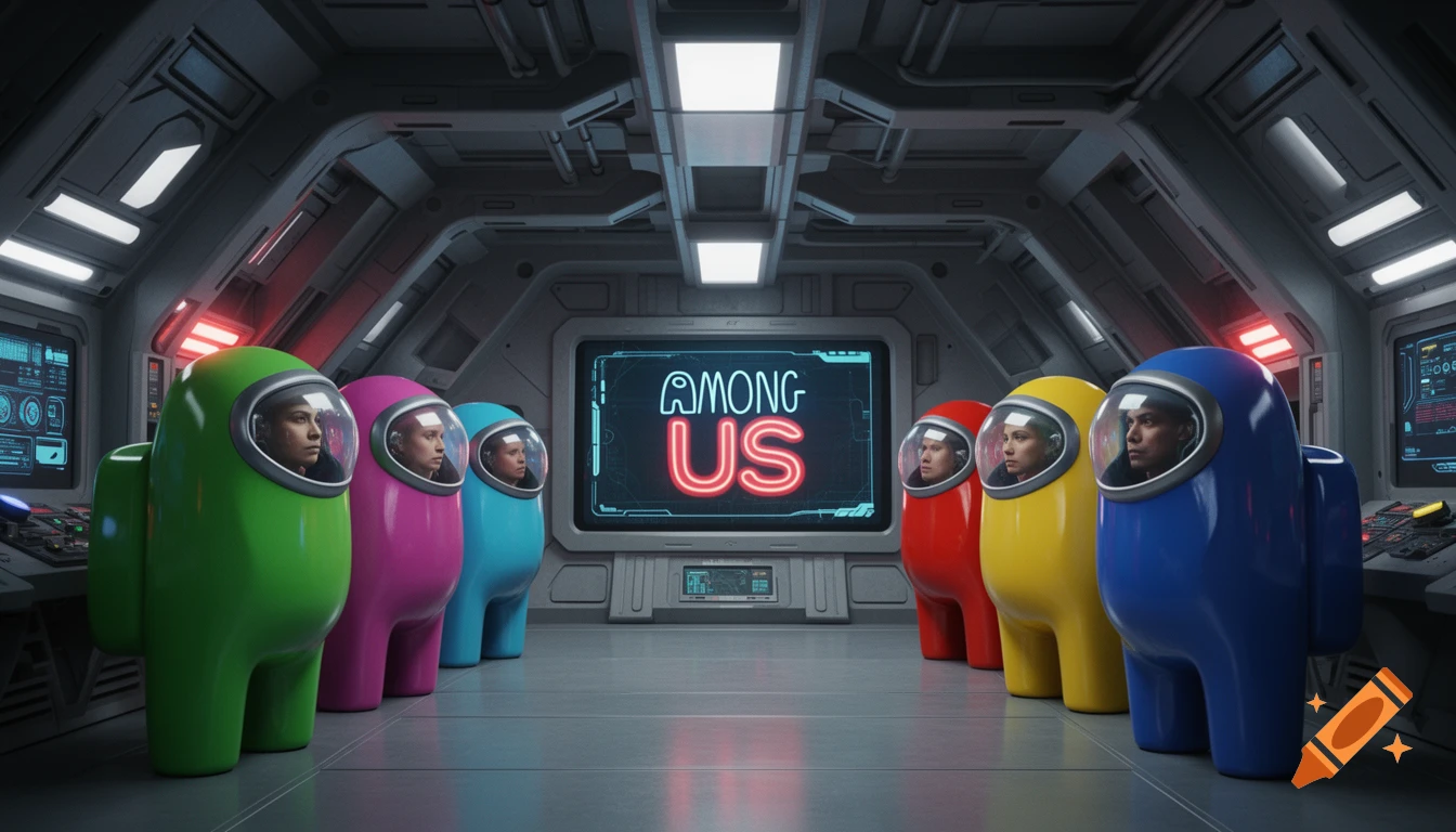 Photorealistic rendering of six colorful Among Us characters with human faces in a spaceship corridor, with 'AMONG US' on a screen.