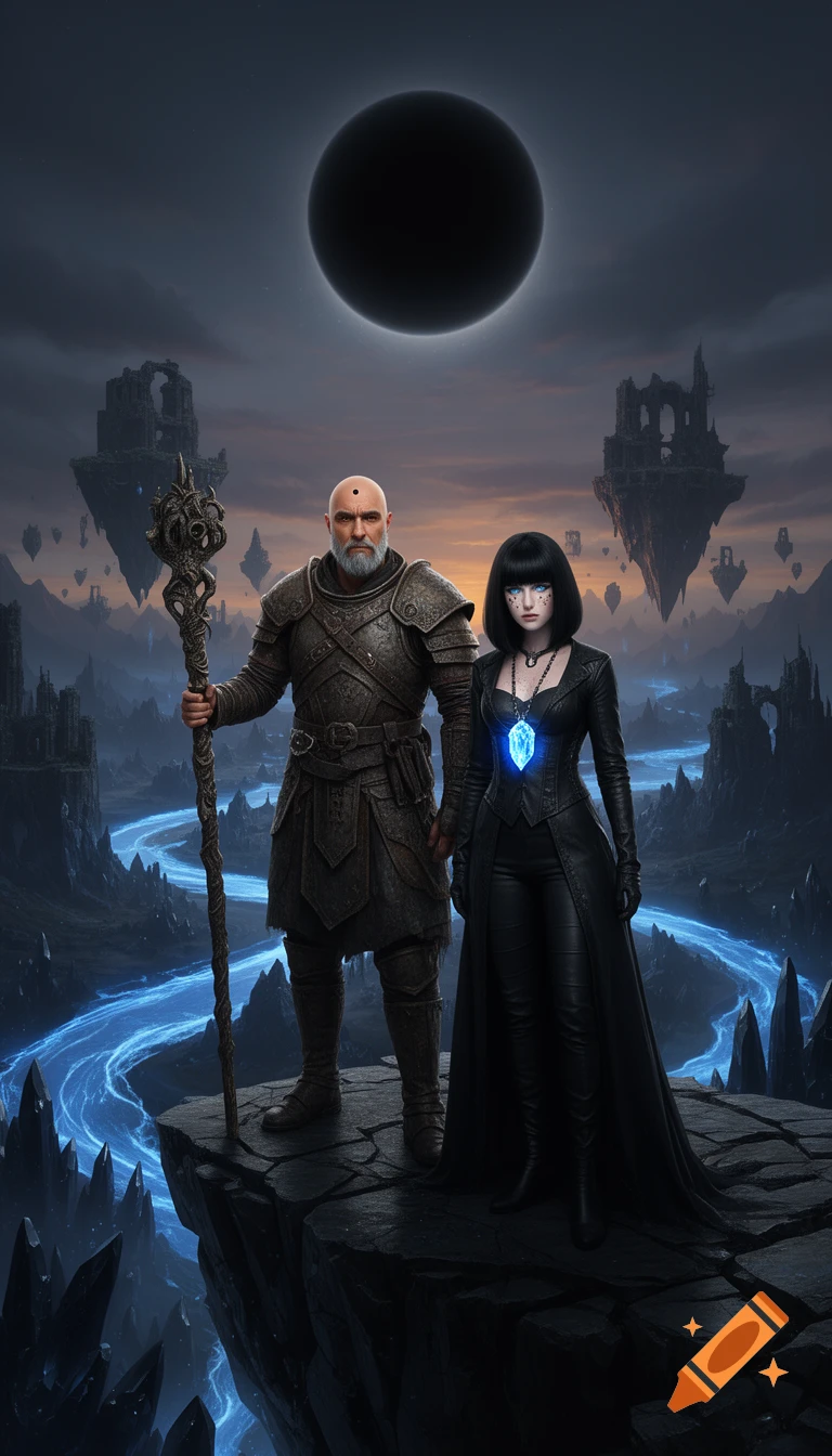 Photorealistic image of two fantasy characters standing on a cliff overlooking a dark, surreal realm with glowing blue rivers and floating ruins under a black sun.