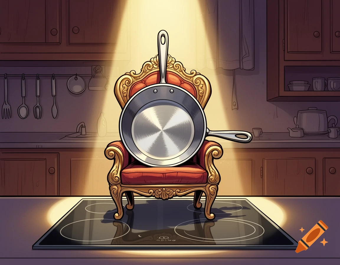 A shiny frying pan sits like royalty on an ornate throne, which rests on a ceramic stovetop in a comic-style kitchen, bathed in a dramatic spotlight.