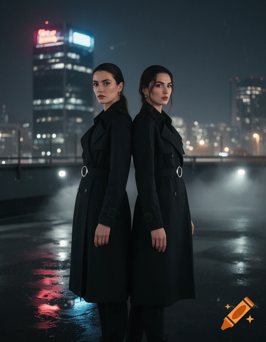 Two women in black trench coats stand back-to-back on a wet city rooftop at night, with neon-lit skyscrapers.