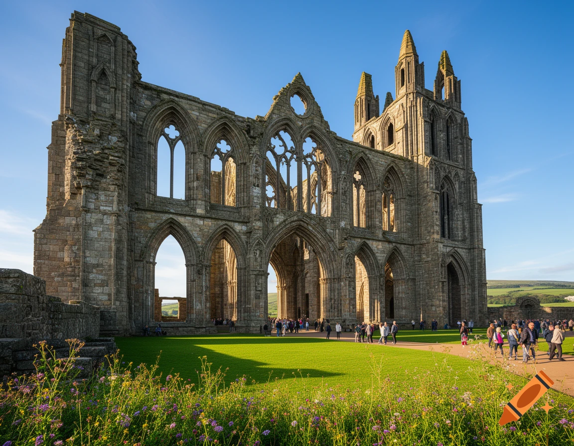 Ruined stone Whitby Abbey under a clear blue sky, with green grass, wildflowers, and people walking around.