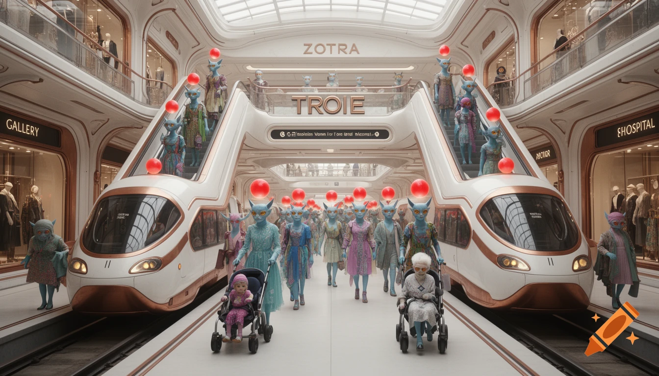 A bustling futuristic metro station with elegant white and copper architecture, featuring trains and escalators. Blue-skinned, cat-eyed aliens in varied clothing navigate the station, some pushing baby strollers or using wheelchairs. Signs read "ZOTRA" and "TROIE".
