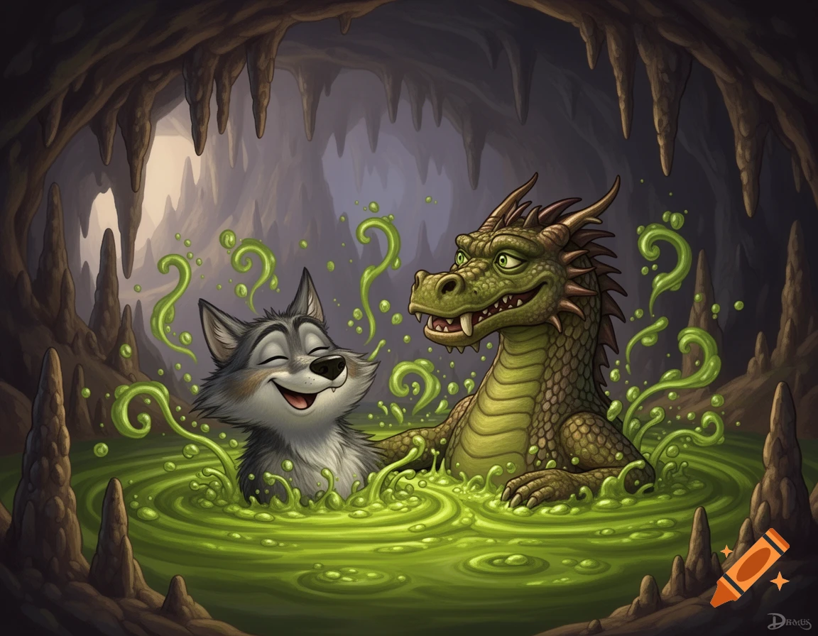 A cartoon wolf and a dragon smile happily while partially submerged in a pool of bubbling green liquid inside a dark cave.