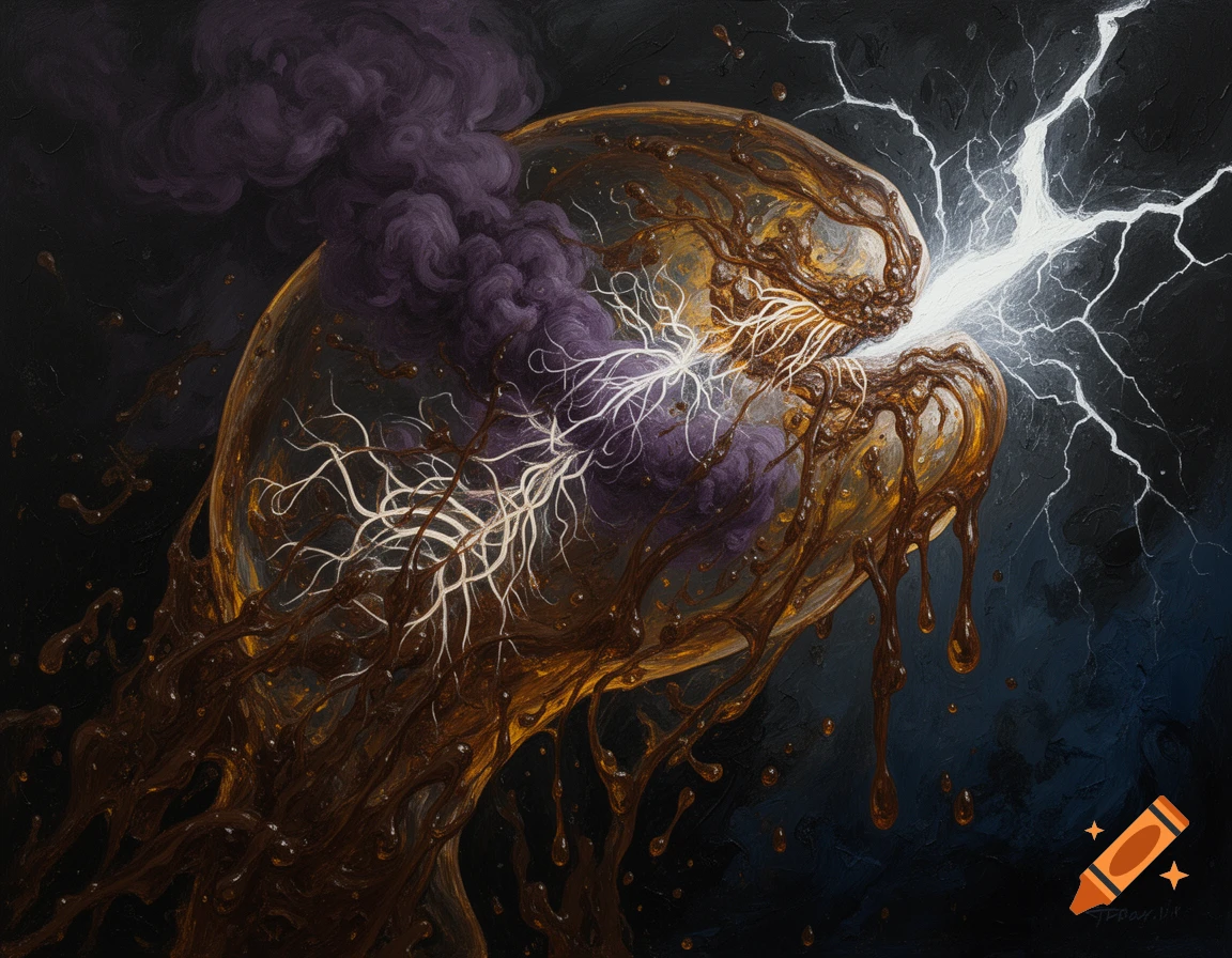 Abstract painting of a translucent, amber-hued entity engulfed in purple smoke and dripping brown oil, struck by white lightning, with glowing internal tendrils.