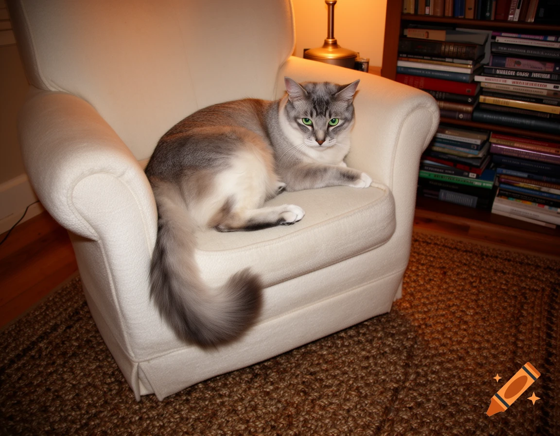 A gray and white cat with bright green eyes lies on a cream-colored armchair, next to a bookshelf in an indoor setting.