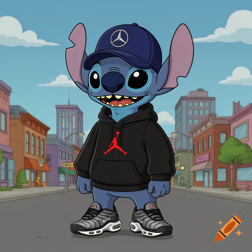 Stitch wears a blue Mercedes cap, black Air Jordan hoodie, and Nike Air Max TN sneakers, standing in a cartoon city in Simpsons style.