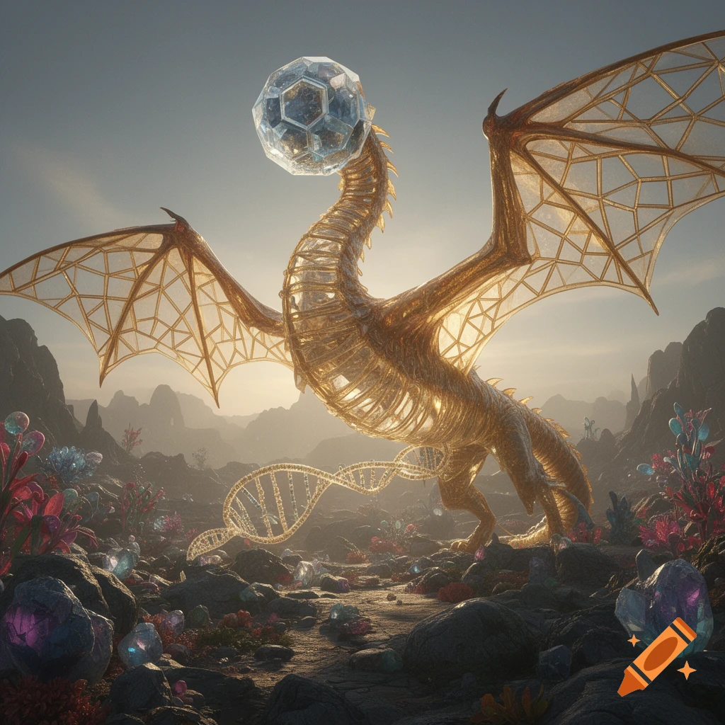 A golden skeletal dragon with a crystalline spherical head and transparent wings in a rocky alien landscape with a glowing DNA helix.