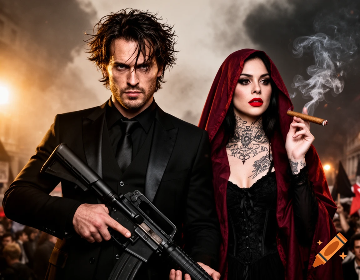 A man in a black suit with an assault rifle stands next to a woman in a red hood smoking a cigar, showing neck tattoos, dramatic sky.