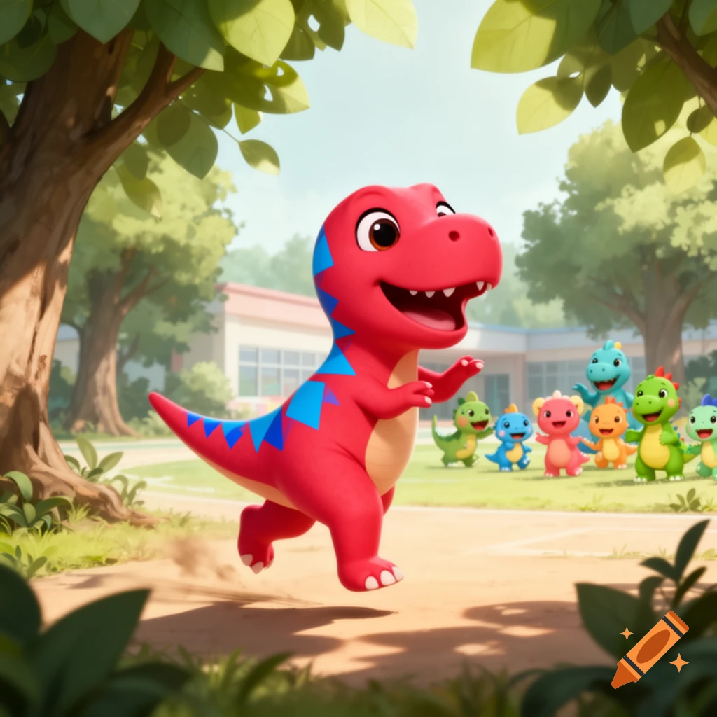A cute red cartoon T-Rex dinosaur with blue stripes runs happily in a schoolyard, with several other colorful cartoon dinosaurs in the background.