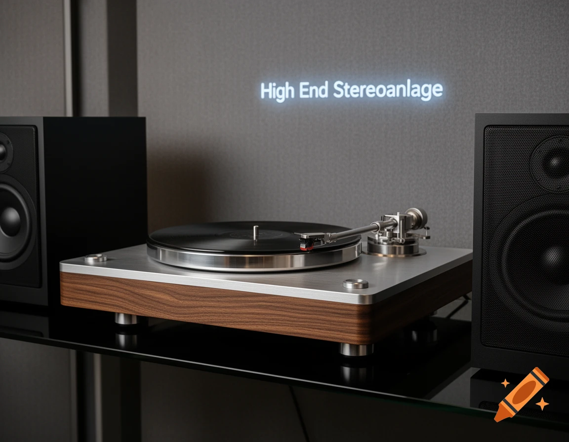 A photorealistic high-end stereo system with a turntable and black speakers on a glass shelf, with "High End Stereoanlage" glowing on a grey wall.