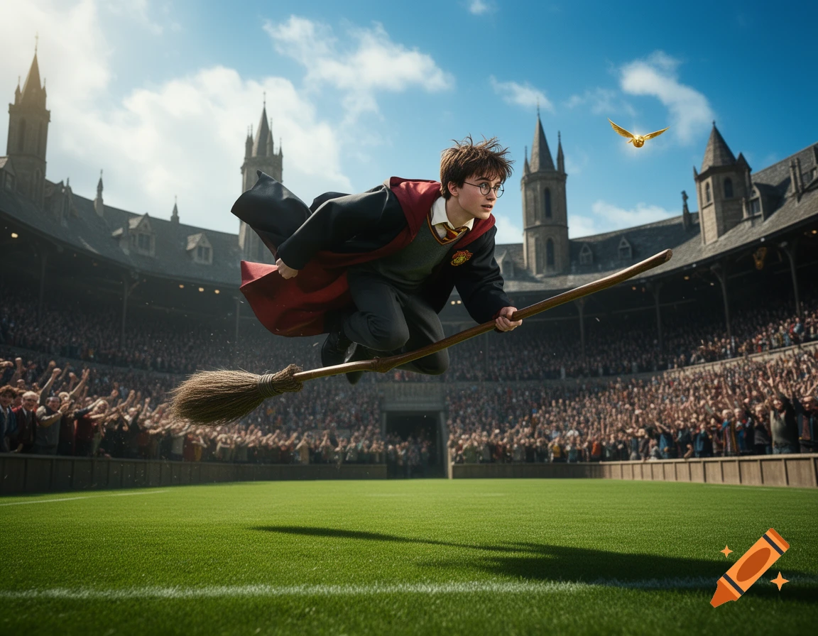 Harry Potter flies on a broomstick across a Quidditch field in a crowded stadium, chasing a golden snitch under a blue sky.