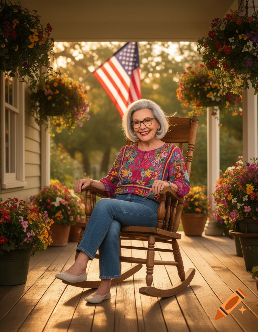 Smiling elderly woman with gray hair and glasses in a rocking chair on a sunlit porch with flowers and an American flag.