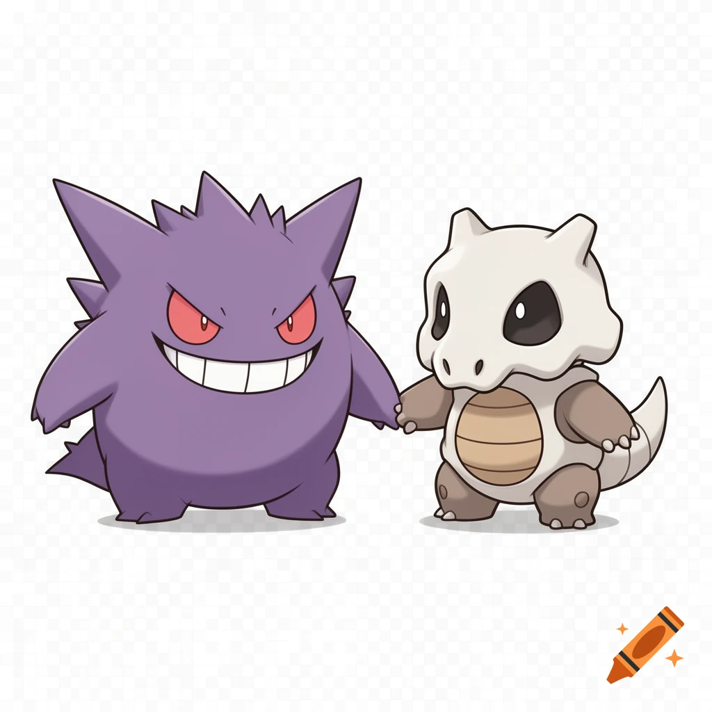 Cute chibi Gengar and Cubone holding hands, in a 2D vector art style on a transparent background.