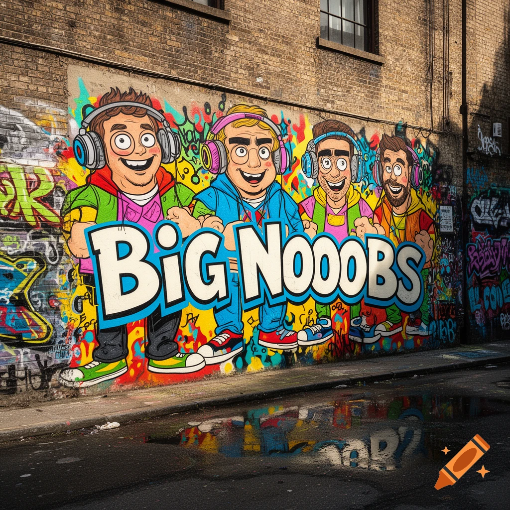 Colorful graffiti mural on a brick wall featuring four smiling cartoon men with headphones and 'BIG NOOBS' text, reflected in a street puddle.