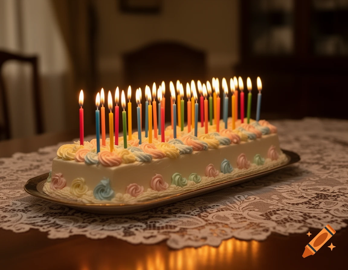 A long white birthday cake adorned with many colorful lit candles and pastel frosting rosettes, resting on a silver platter over a lace tablecloth.