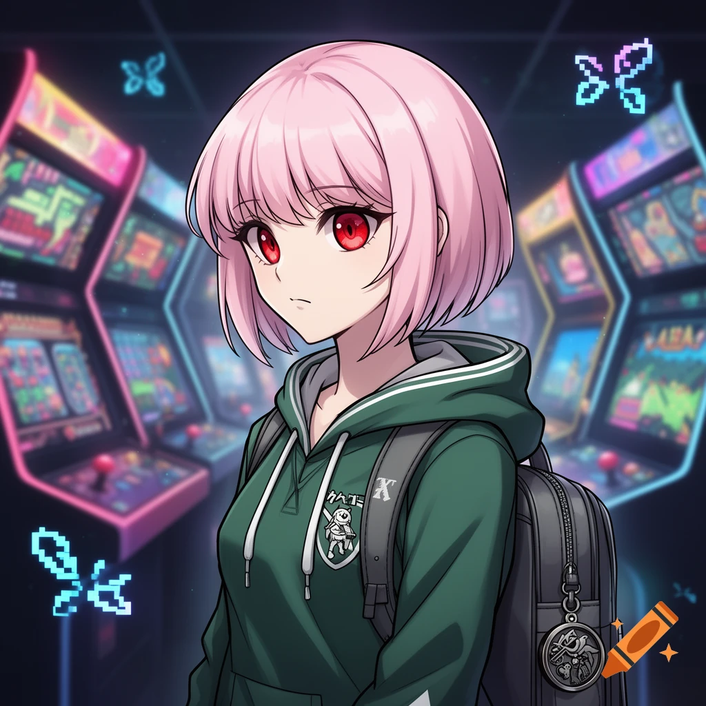 An anime girl with pink hair and red eyes wears a green hoodie and backpack in an arcade, surrounded by neon pixel butterflies.
