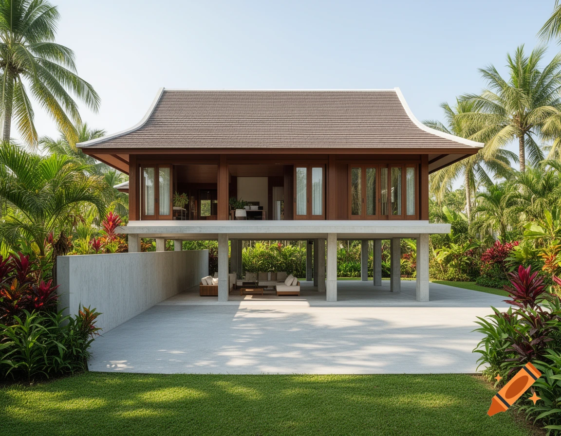 Photorealistic image of a modern Thai stilt house with a concrete driveway and shaded outdoor living area, surrounded by a lush tropical garden on a sunny day.