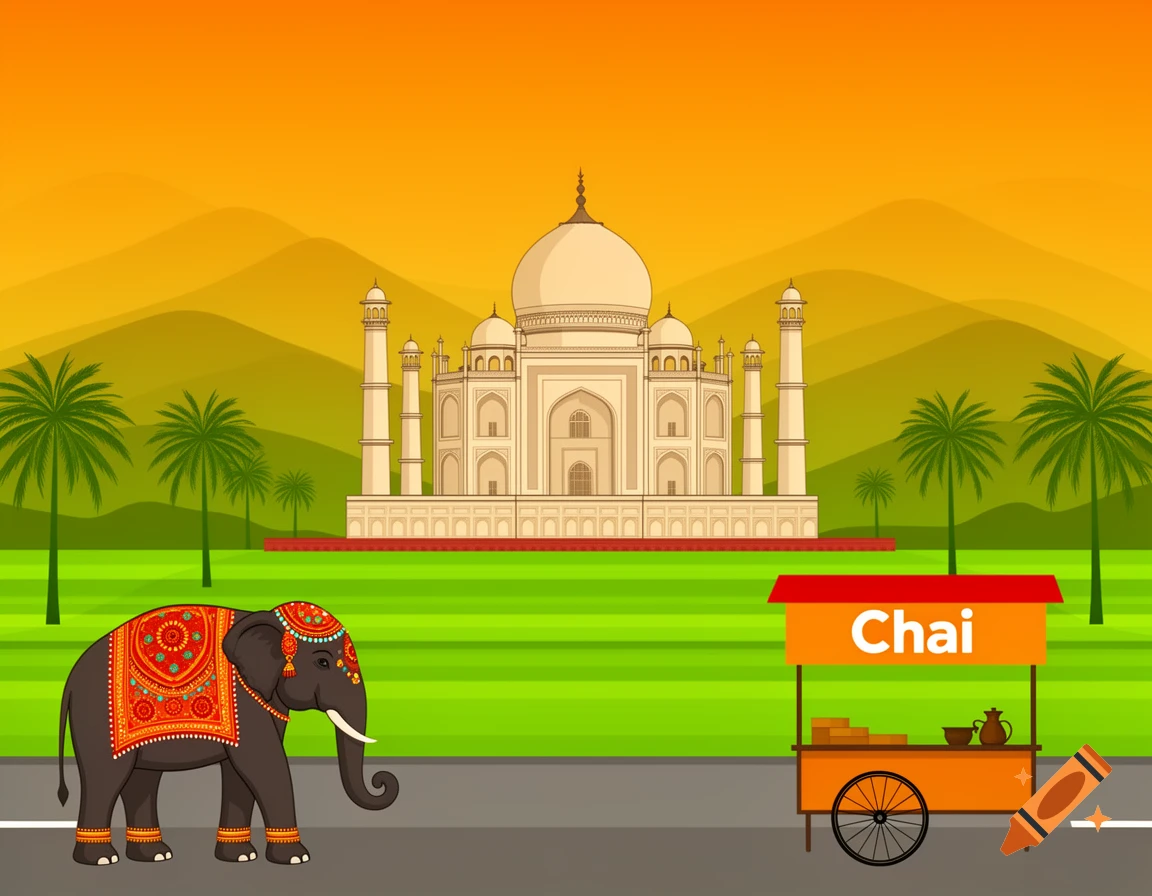A cartoon illustration of the Taj Mahal, an adorned elephant, and a chai cart against a sunny Indian landscape with palm trees.