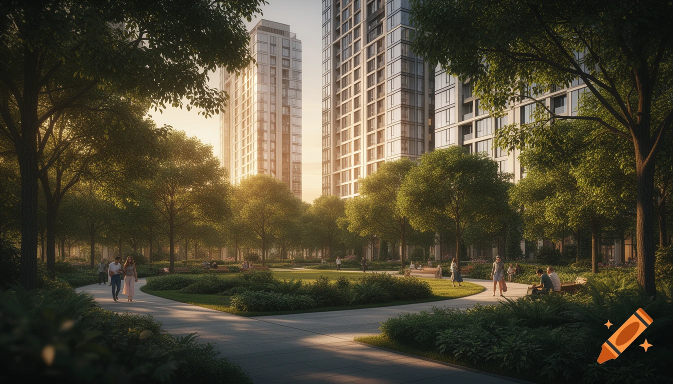 A cinematic shot of a modern city park with lush green trees, people walking, and tall apartment buildings in the background bathed in warm sunset light.