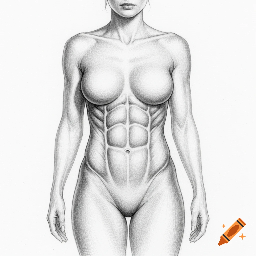 Detailed pencil drawing of a muscular female torso, showcasing abs, chest, and hips.