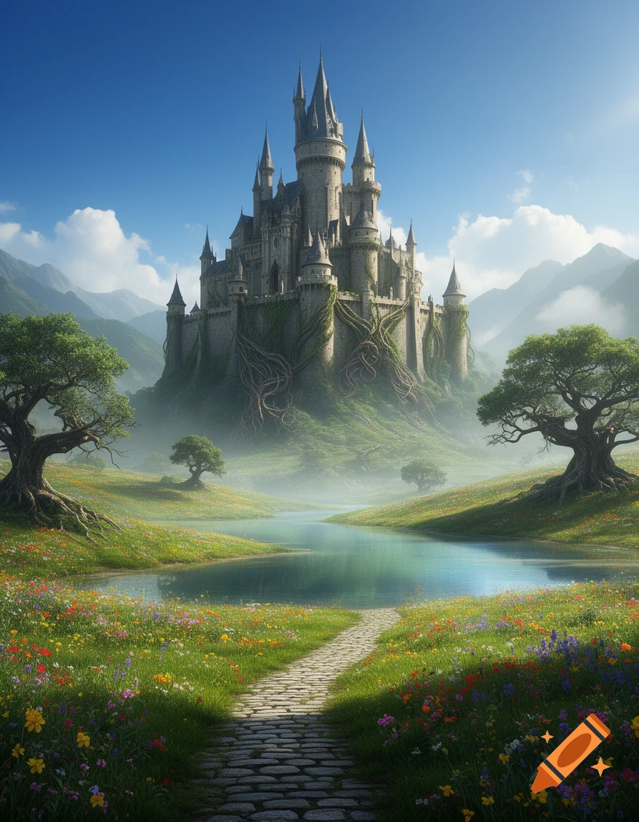 A majestic fantasy castle covered in vines, overlooking a serene lake and vibrant flower meadows with ancient trees, set against misty mountains and a blue sky.