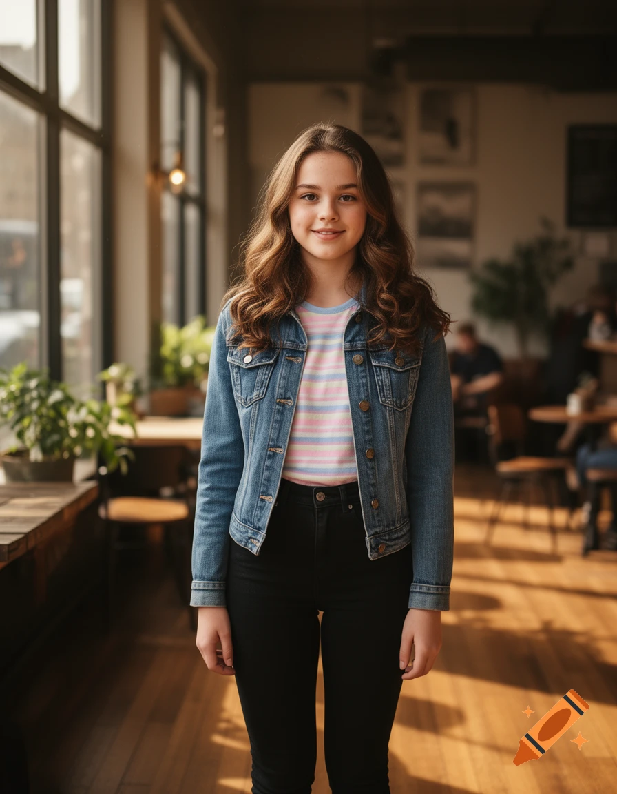 A smiling teenage girl with long wavy hair, wearing a denim jacket and striped t-shirt, stands in a brightly lit cafe.