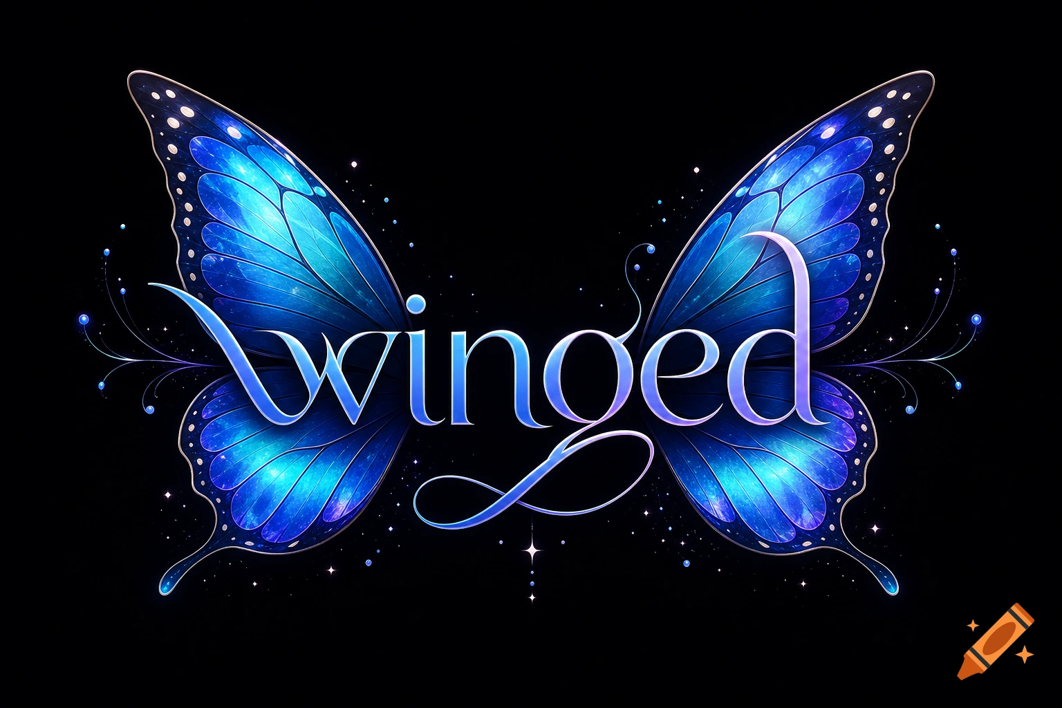 Stylized blue butterfly wings with the word 'winged' in a glowing, jewel-toned font, on a black background.
