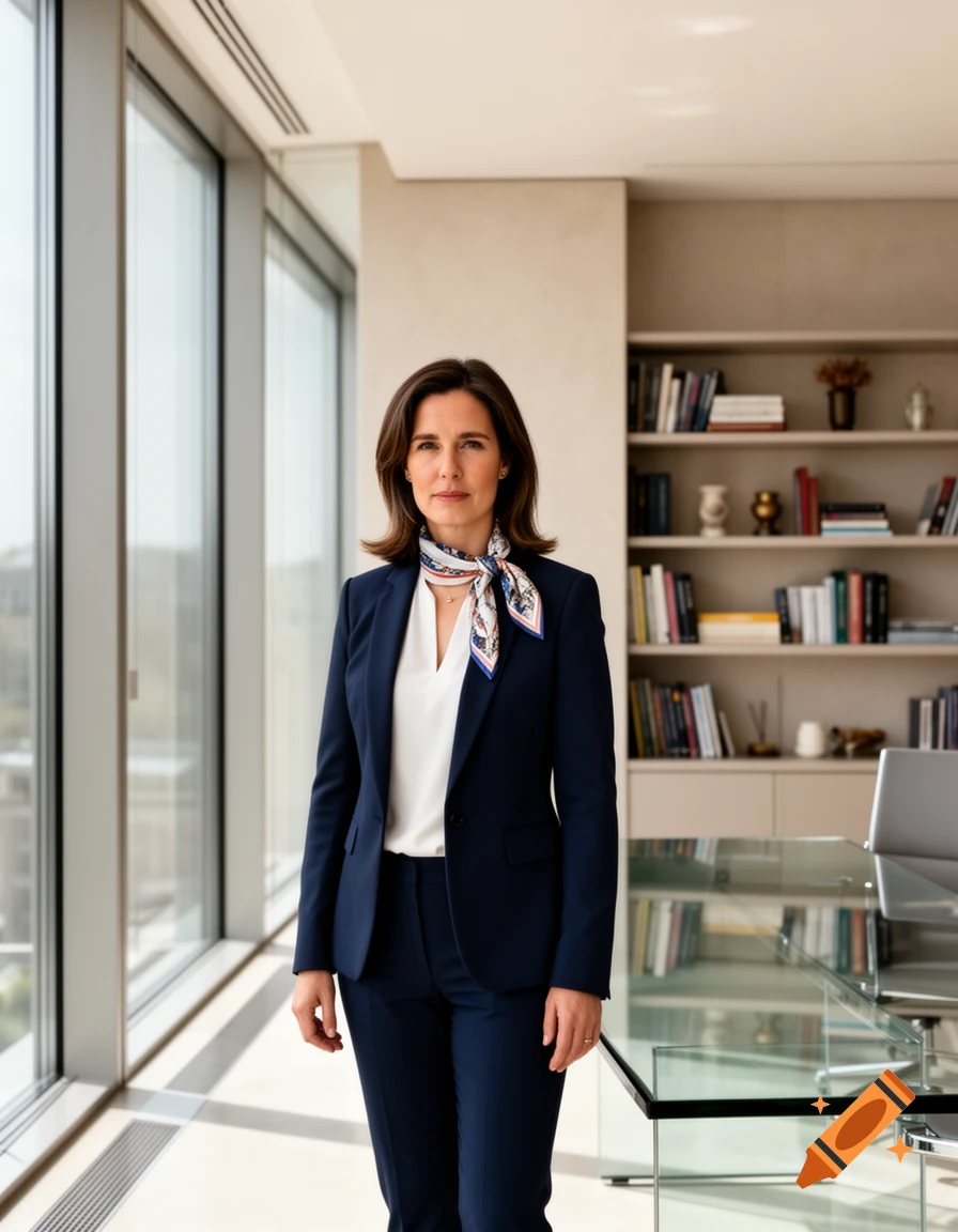 Photorealistic portrait of a woman in a dark blue suit and patterned scarf, standing in a modern office.