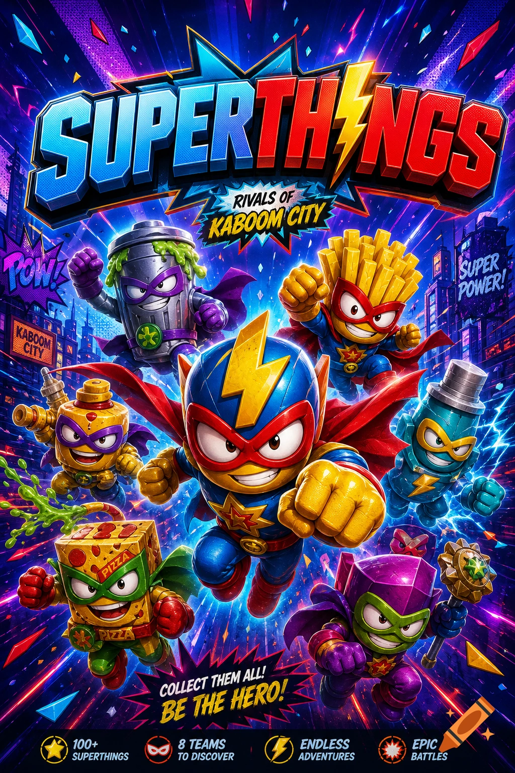 Dynamic poster featuring stylized cartoon superheroes like a lightning bolt, trash can, and pizza characters flying over a city.