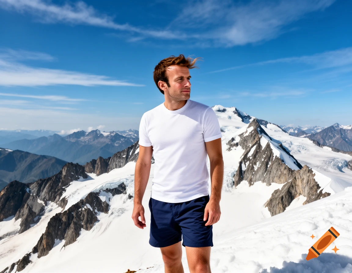 A man in a white t-shirt and blue shorts stands on a snowy mountain peak with a clear blue sky.