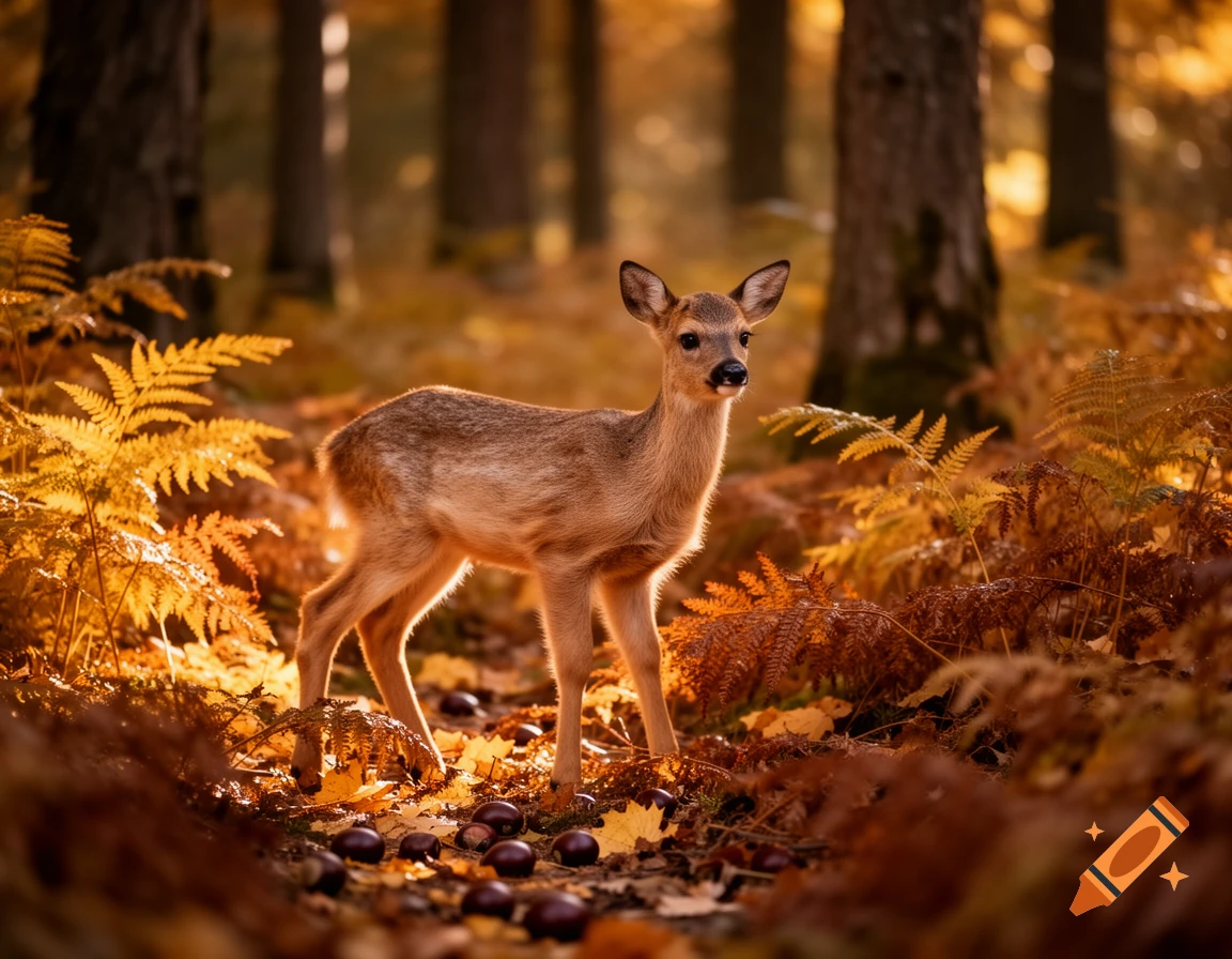 A photorealistic fawn stands in a sunlit deep autumn forest, surrounded by golden and brown ferns and fallen leaves.